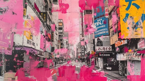 Generative AI  retro grunge pink and yellow collage poster with asian cityscape  different mixed textures 