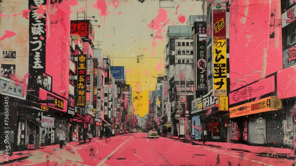 Generative AI, retro grunge pink and yellow collage poster with asian cityscape, different mixed textures Generative AI, retro grunge pink and yellow collage poster with asian cityscape, different mixed textures