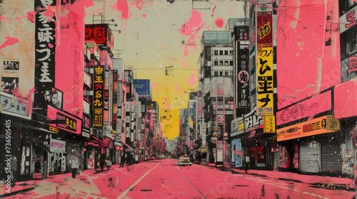 Generative AI, retro grunge pink and yellow collage poster with asian cityscape, different mixed textures 