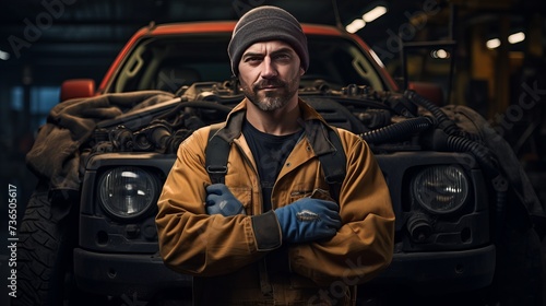 portrait of a car mechanic standing confidently, wearing gloves in a workshop