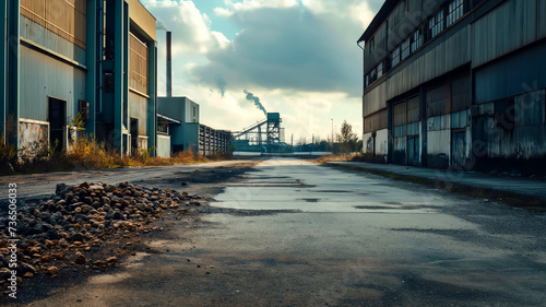Abandoned industrial site with overcast skies, representing decay, obsolescence, economic downturn and change.