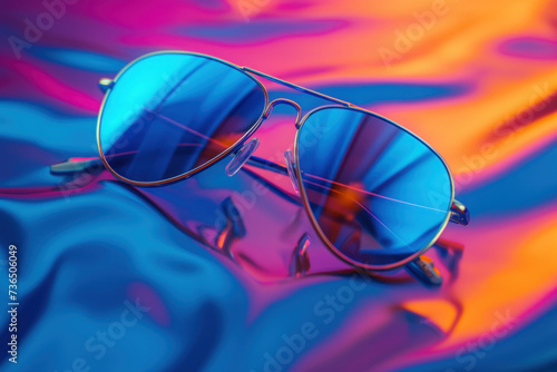  Aviator Sunglasses with Blue Reflective Lenses on Vibrant Pink and Orange Background © KirKam