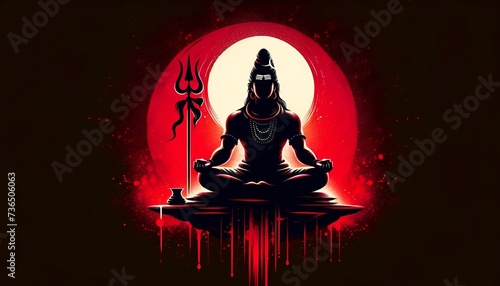 Illustration in paint splatters style of lord shiva silhouette seated in a meditative pose with a trident.