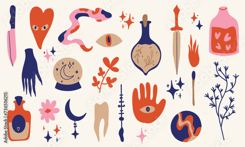 Set of vector icons in boho style. Vector emblem, potion, dagger, hand, plants, match, crescent, snake, knife, heart. Fashion design, hand drawn.