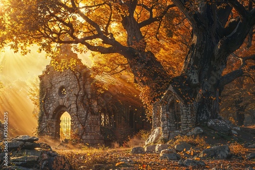 Medieval church ruins in a gorgeous autumn forest environment, fantasy matte painting