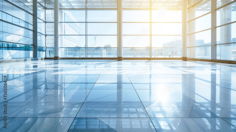 Spacious and brightly lit modern lobby with high ceilings and reflective glossy floor in a contemporary office building Spacious and brightly lit modern lobby with high ceilings and reflective glossy floor in a contemporary office building