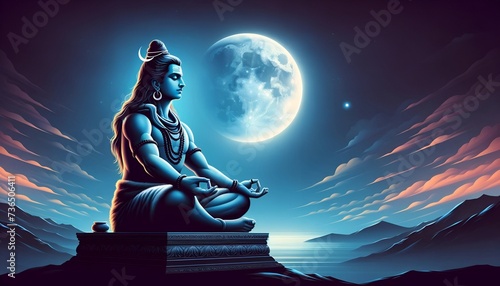 Illustration of lord shiva in a meditative pose against the backdrop of a night sky with a full moon.