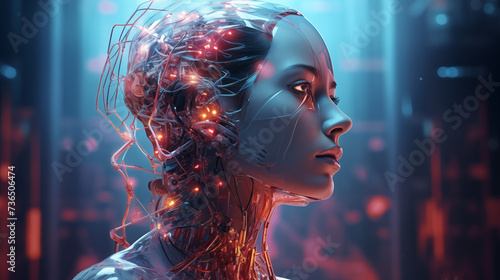Konzept Künstliche Intelligenz, Maschinenlernen eines humanoiden Roboters, Cyborg, Mesch Maschine Kombination © GreenOptix