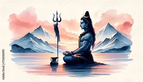 Watercolor painting illustration of lord shiva in meditation with a trident. photo