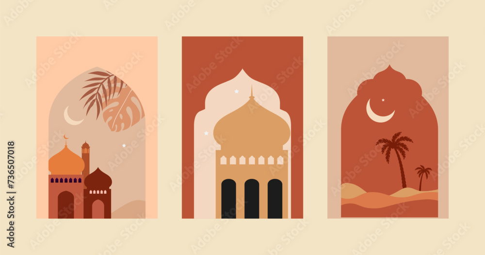 Collection of modern style Ramadan Kareem greeting cards with retro boho design, moon, mosque dome and lanterns