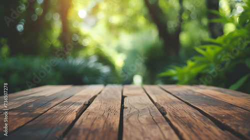 Wooden Table Top with Blurred Green Natural Background