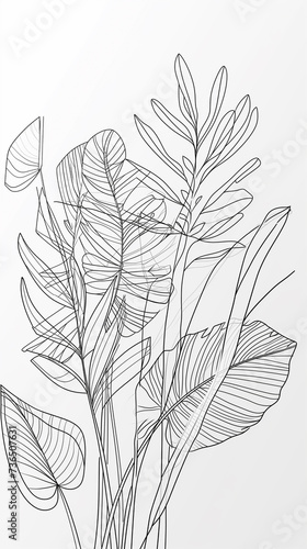 Botanical arts. Hand drawn continuous line drawing of abstract tropical leaves