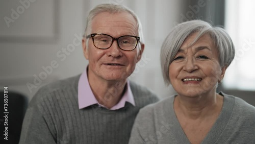 Senior couple talking on video chat. Happy positive man woman speaking with family friends looking at screen sending air kisses. Old wife husband having fun pleasant communication chatting online. photo