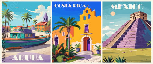 Set of Travel Destination Posters in retro style. Aruba, Mexico, Costa Rica prints. Exotic summer vacation, International holidays concept. Vintage vector colorful illustrations.