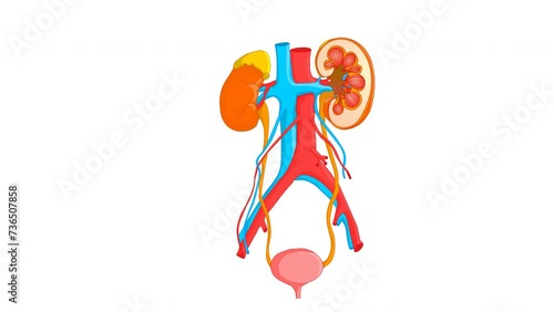 Urinary system animation. Detailed human kidney anatomy. Annotated urine excretory system. Biology educational viscerap drawing.  Video illustration, with explanations.