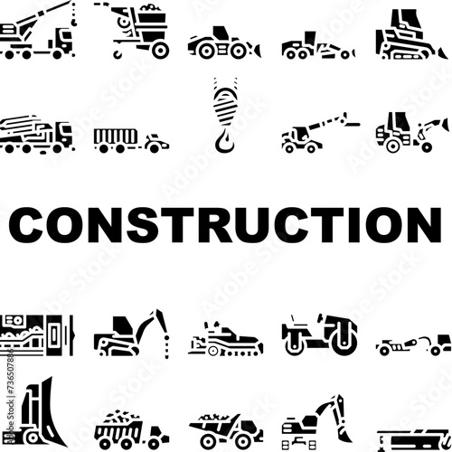 construction vehicle heavy icons set vector