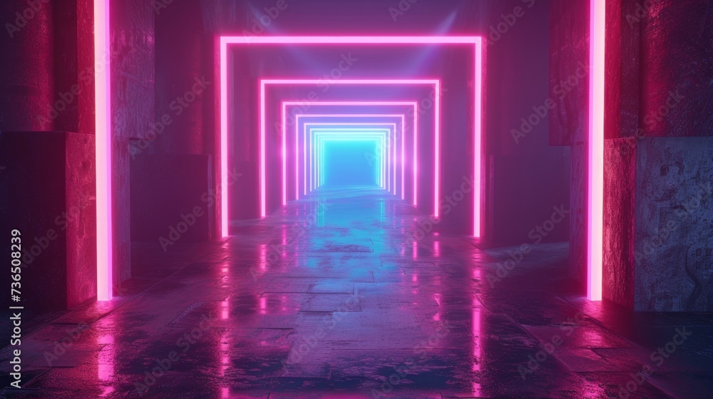 Fototapeta premium A captivating 3D render of an abstract square portal, featuring a tunnel illuminated by glowing neon lines