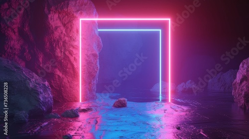 A captivating 3D render of an abstract square portal, featuring a tunnel illuminated by glowing neon lines