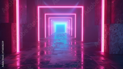 A captivating 3D render of an abstract square portal  featuring a tunnel illuminated by glowing neon lines