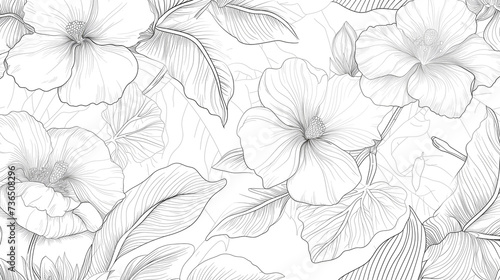 Wallpaper design with floral paint brush line art. Leaves and flowers nature design photo