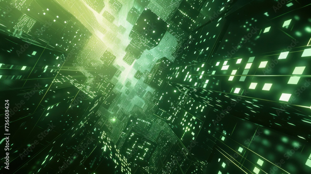 A mesmerizing 3D rendering of a digital matrix, composed of intricate particles and grids A mesmerizing 3D rendering of a digital matrix, composed of intricate particles and grids