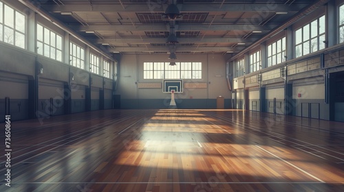 An expansive, well-lit gymnasium, characterized by its high ceilings and the tranquility of being completely empty