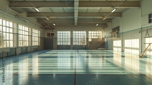 An expansive, well-lit gymnasium, characterized by its high ceilings and the tranquility of being completely empty