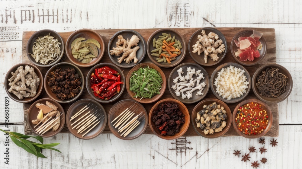 A harmonious arrangement of acupuncture needles and a selection of Chinese herbal plants A harmonious arrangement of acupuncture needles and a selection of Chinese herbal plants
