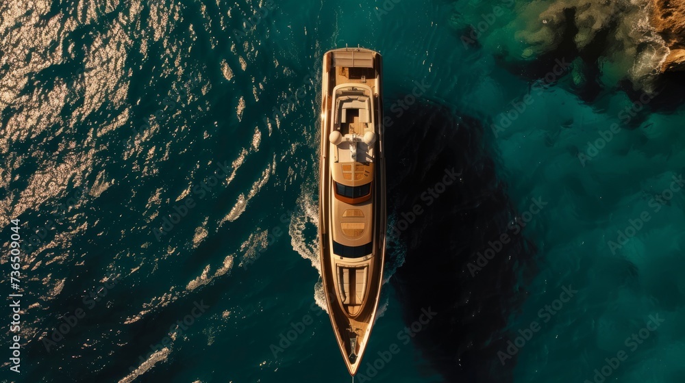 A breathtaking aerial view capturing a luxurious yacht gracefully gliding through the azure waters