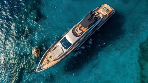 A breathtaking aerial view capturing a luxurious yacht gracefully gliding through the azure waters © Chingiz