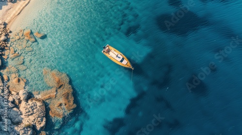 A breathtaking aerial view capturing a luxurious yacht gracefully gliding through the azure waters