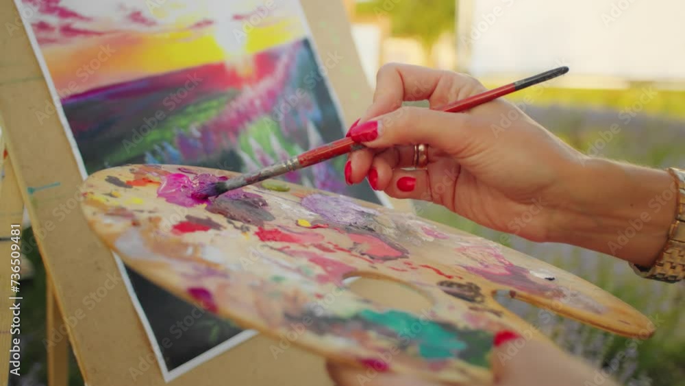 Close-up of artist's hand with a paintbrush over canvas. Vibrant painting process. Creativity and art expression concept for design and print with copy space. Close-up of artist's hand with a paintbrush over canvas. Vibrant painting process. Creativity and art expression concept for design and print with copy space.