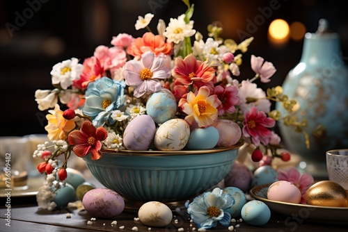 A beautifully crafted Easter themed centerpiece with fresh flowers.