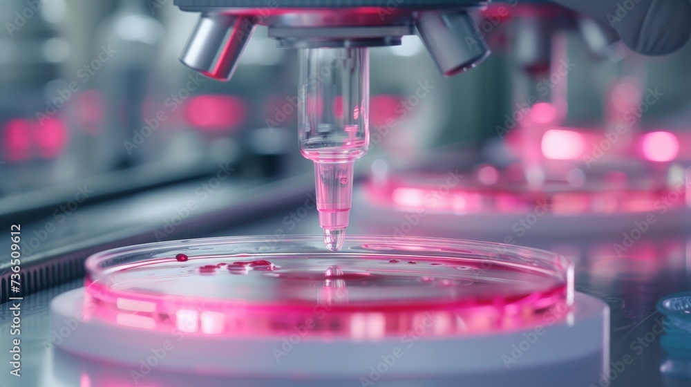 A focused moment in biomedical research with a scientist pipetting a sample into a Petri dish in a laboratory setting A focused moment in biomedical research with a scientist pipetting a sample into a Petri dish in a laboratory setting