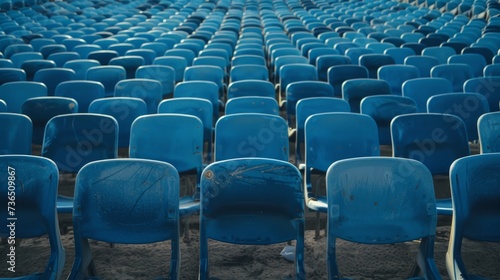 A rear view of blue stadium seats, neatly arranged and waiting to welcome a crowd of enthusiastic fans