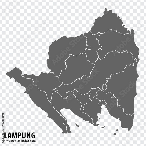 Blank map Lampung province of Indonesia. High quality map Lampung with municipalities on transparent background for your web site design, logo, app, UI. Republic of Indonesia. EPS10.