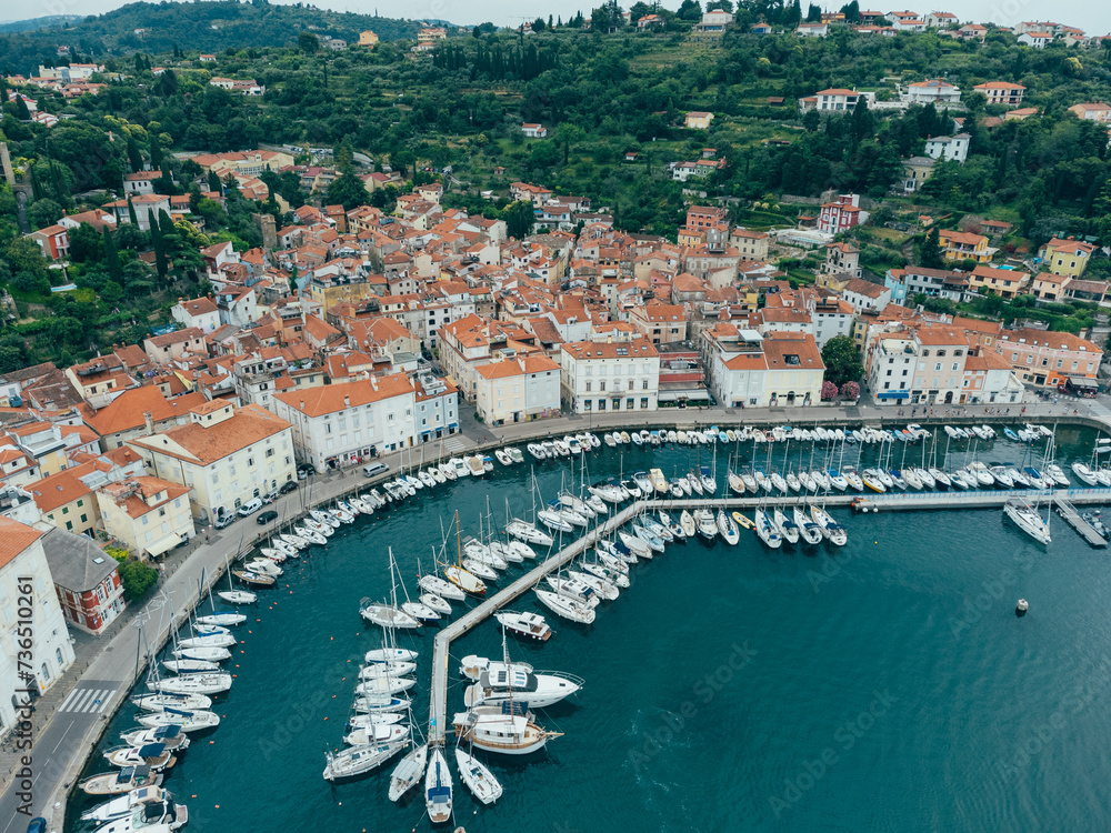 Piran Old Town City Center, Pier with Boats, Aerial View, Slovenia