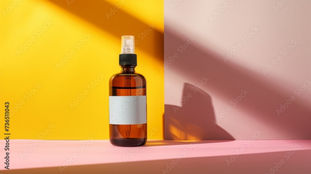 An elegantly presented cosmetic bottle with a well-designed label, set against a colorful paper backdrop