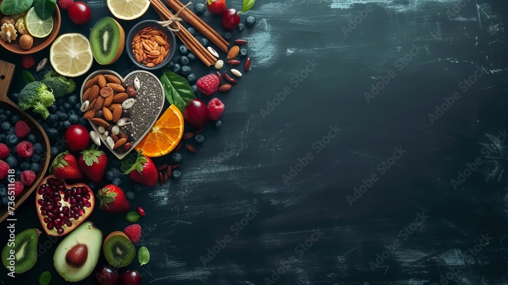 A symbolic representation of heart health featuring healthy foods arranged in a heart shape with a cardiograph illustration on a blackboard