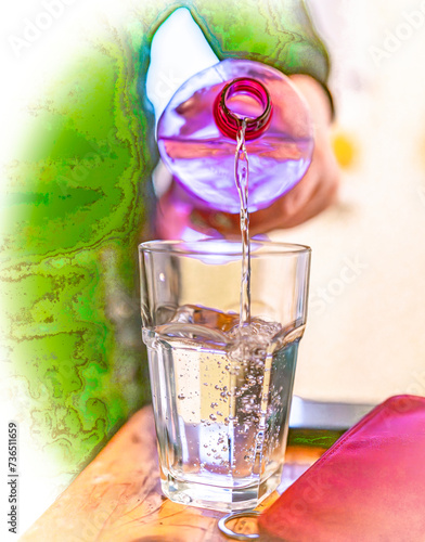 Drinking water into glass color day interior