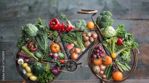 A creative and whimsical depiction of a bicycle made entirely of fresh vegetables, symbolizing a healthy lifestyle