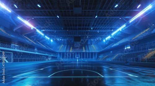 A sleek and spacious view of a modern sports arena's interior, featuring high-tech facilities and vibrant lighting © Chingiz