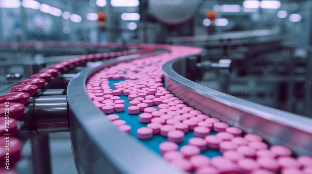 A close-up view capturing the intricate details of pink pills during their production and packing process in a state-of-the-art pharmaceutical factory