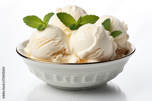 Vanilla white ice cream in bowl isolated on white background.