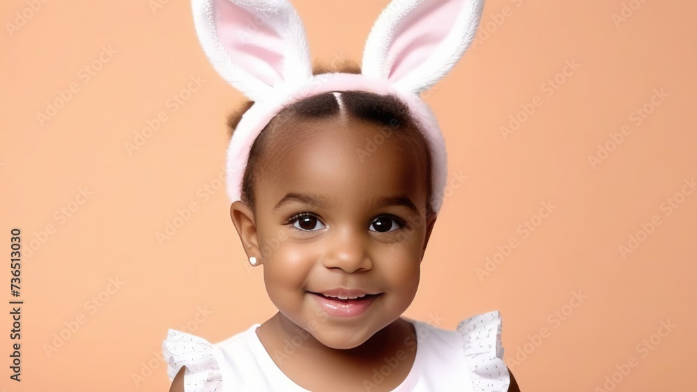 little happy afro american girl in a bunny costume on a background of peach fuzz, portrait of a child wearing bunny ears for easter, happy easter concept little happy afro american girl in a bunny costume on a background of peach fuzz, portrait of a child wearing bunny ears for easter, happy easter concept