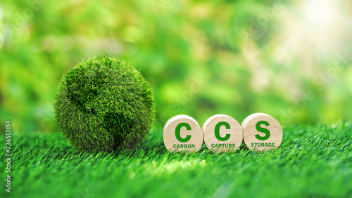 CCS text on round wooden blocks with green grass earth globe over green nature background. Carbon Capture Storage for concept of environmental.Commitment to limit climate change and global warming.
