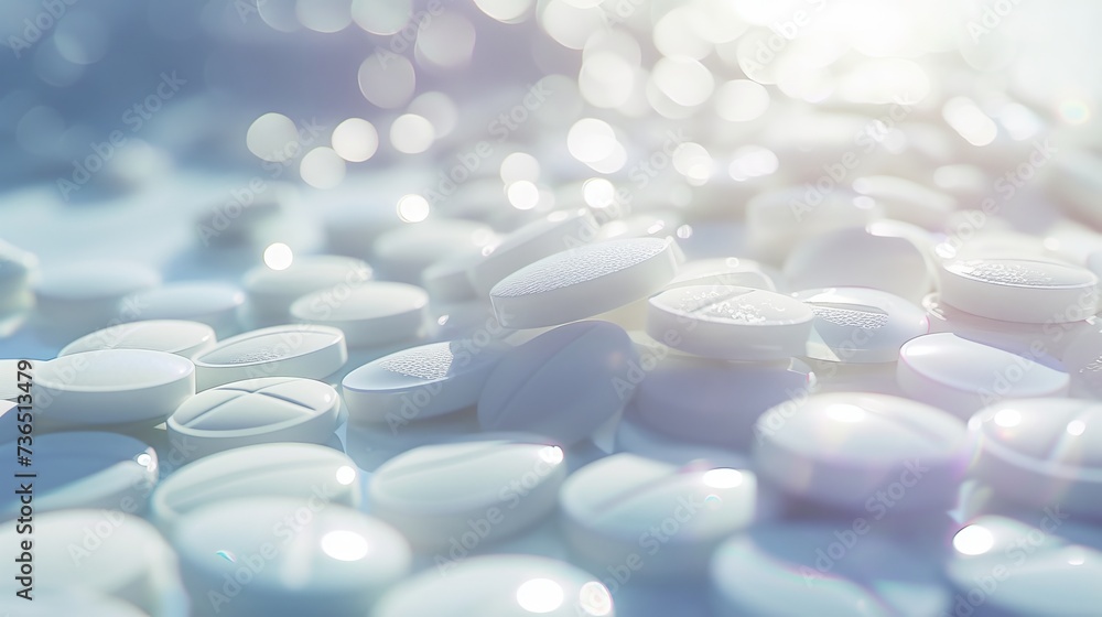 A thematic composition centered around pharmacy, featuring a heap of white round antibiotic medicine tablets, symbolizing both healthcare and medical treatment - obrazy, fototapety, plakaty 