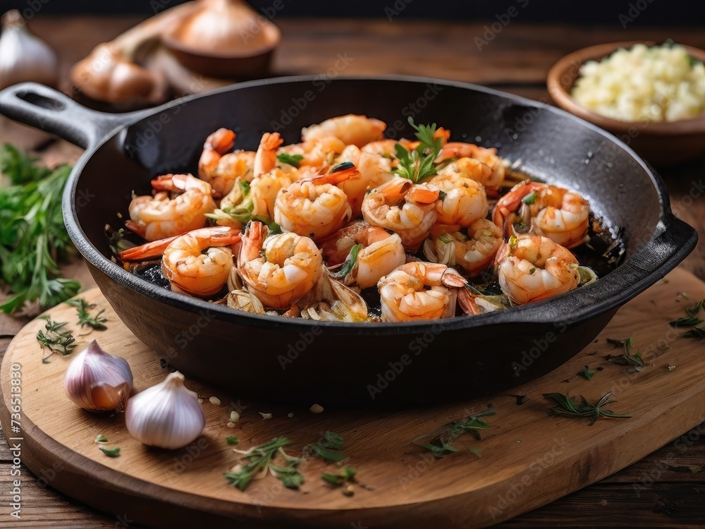 Shrimp fried in a cast iron frying pan