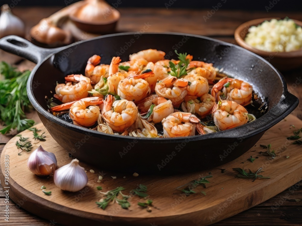 Shrimp fried in a cast iron frying pan Shrimp fried in a cast iron frying pan