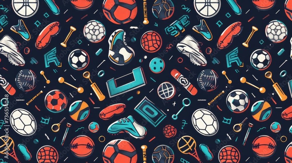 A dynamic and energizing seamless pattern featuring gym icons such as dumbbells, kettlebells, a jumping rope A dynamic and energizing seamless pattern featuring gym icons such as dumbbells, kettlebells, a jumping rope
